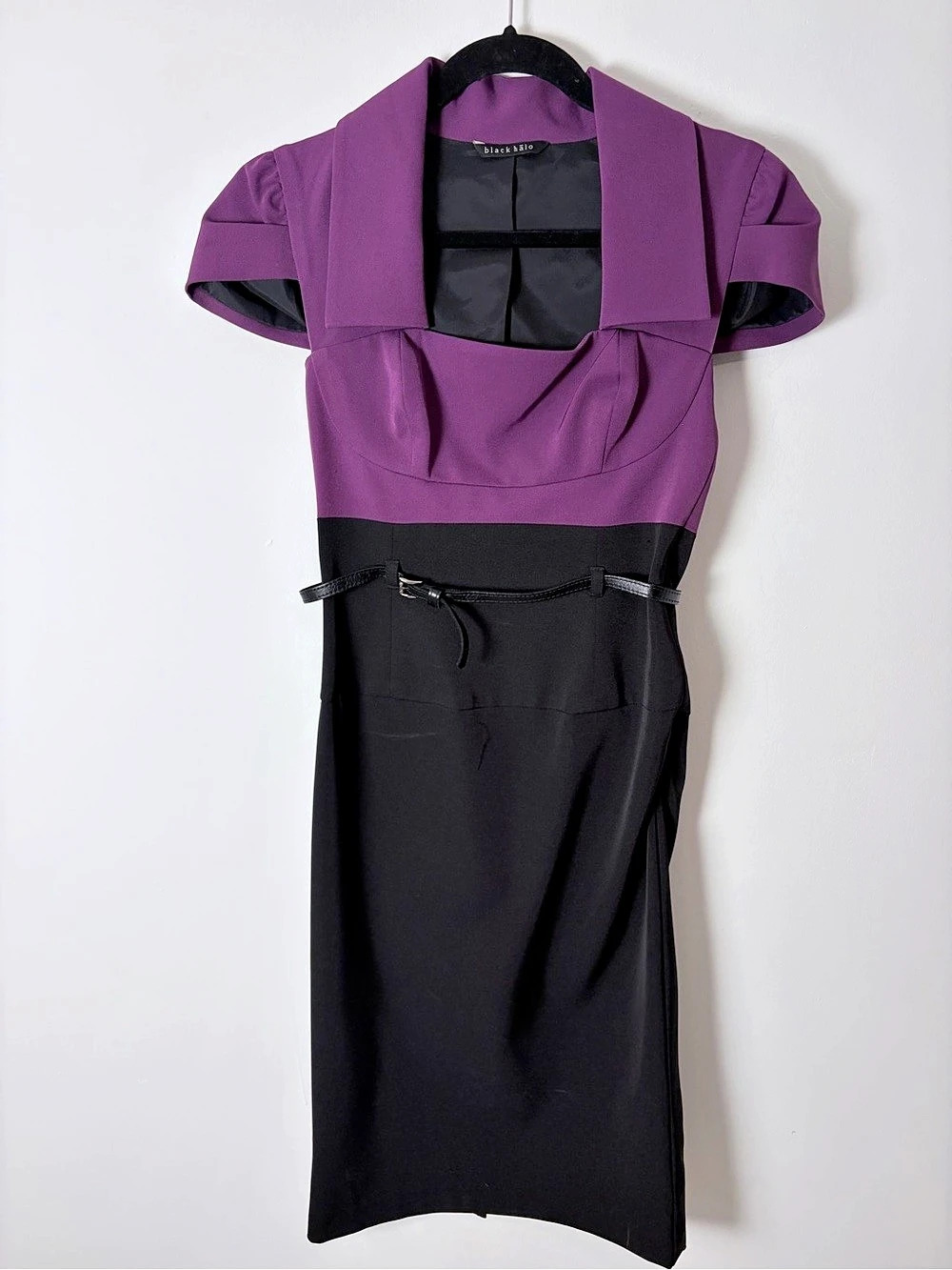 Black Halo Purple Black Colorblock Belted Sheath Dress Size 2